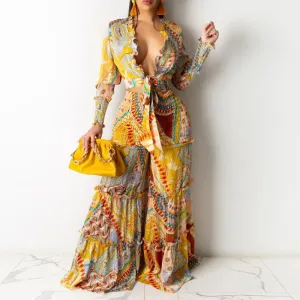 Print Long Sleeve Tied Crop Top & Wide Leg Pants Set