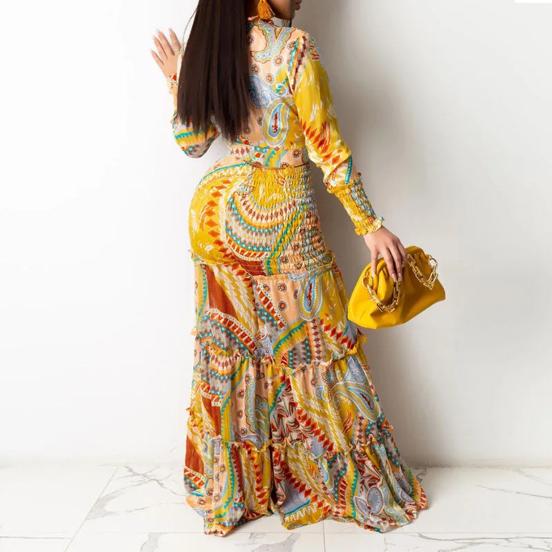 Print Long Sleeve Tied Crop Top & Wide Leg Pants Set