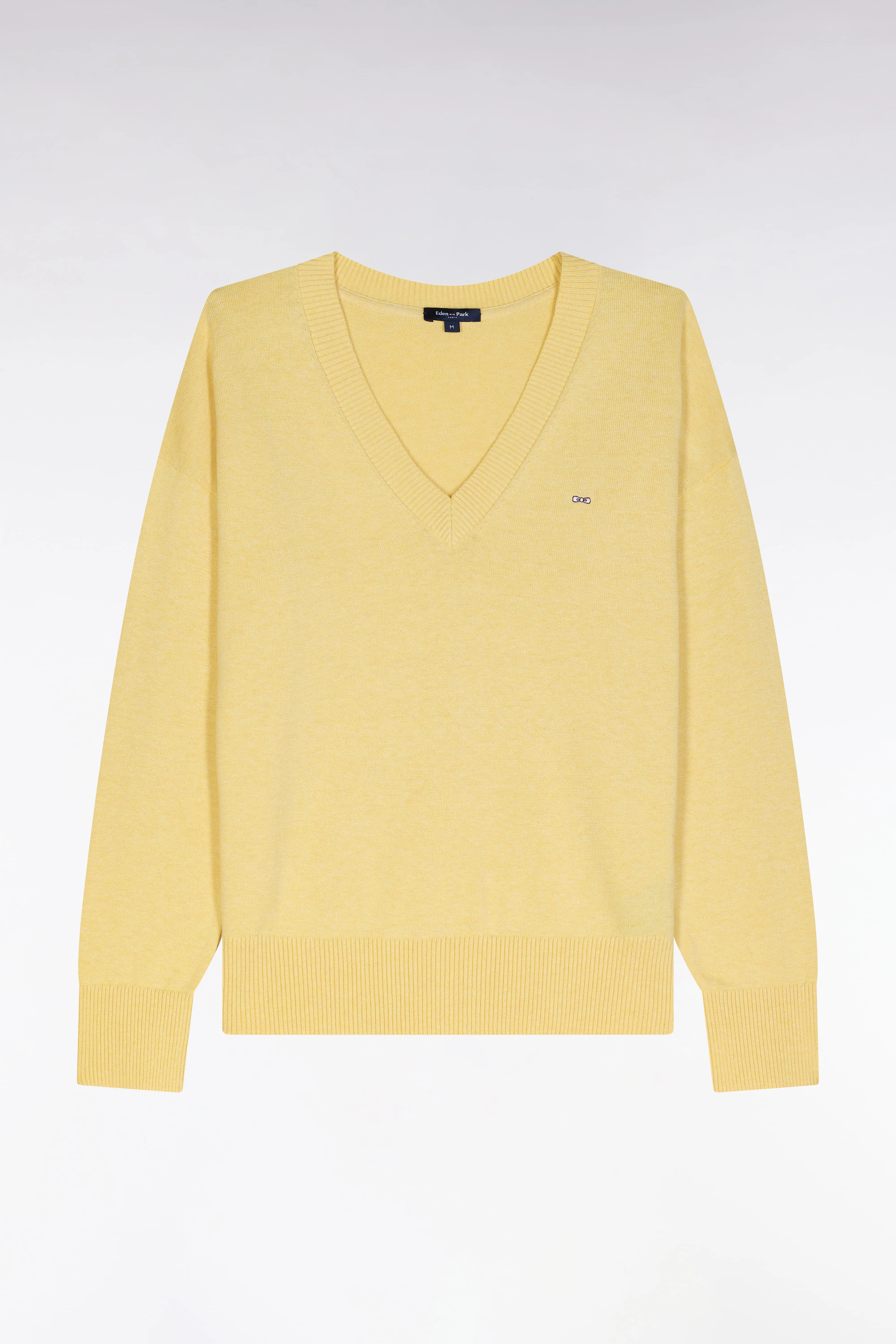 Pull col V en coton jaune coupe décontractée