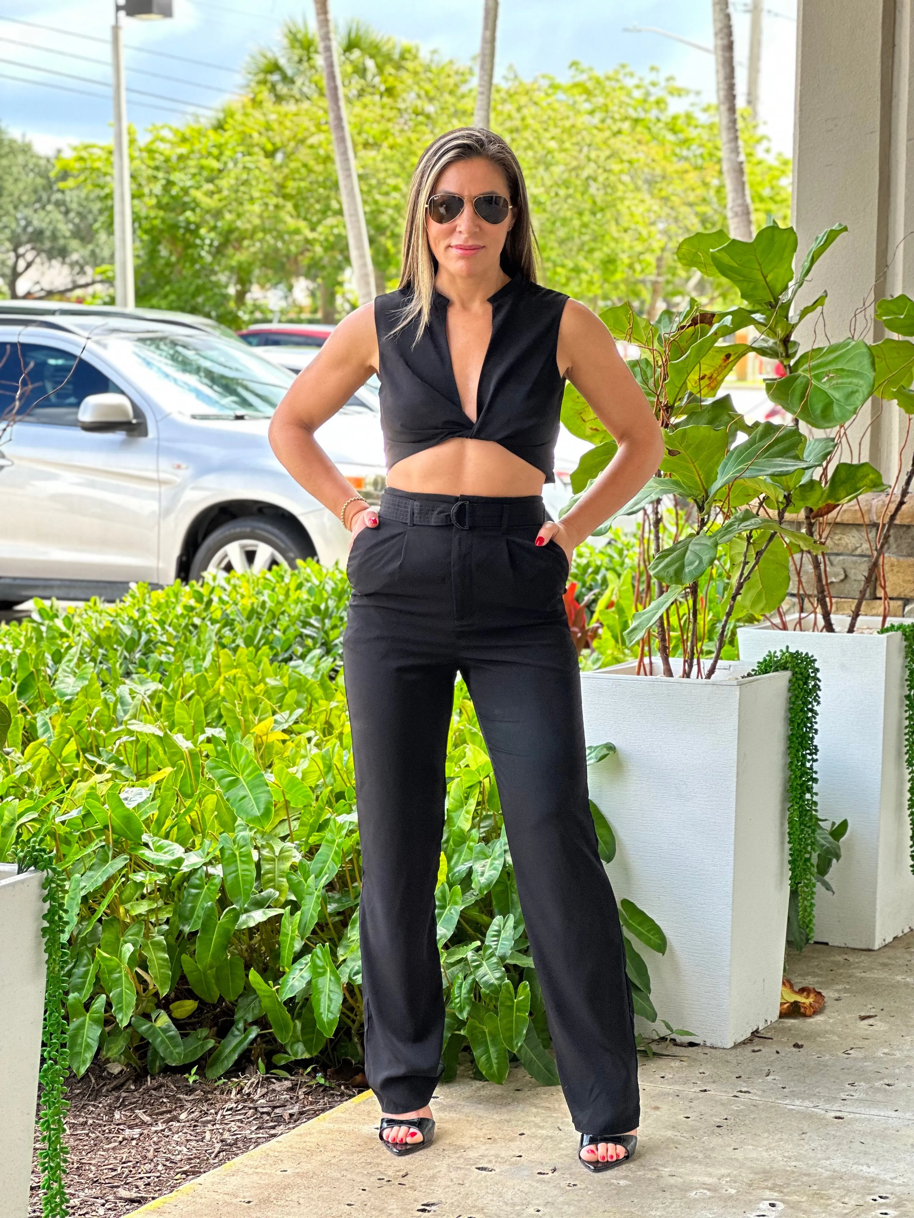 "Luna" Woven Twisted Crop Top And High Waisted Pants Set
