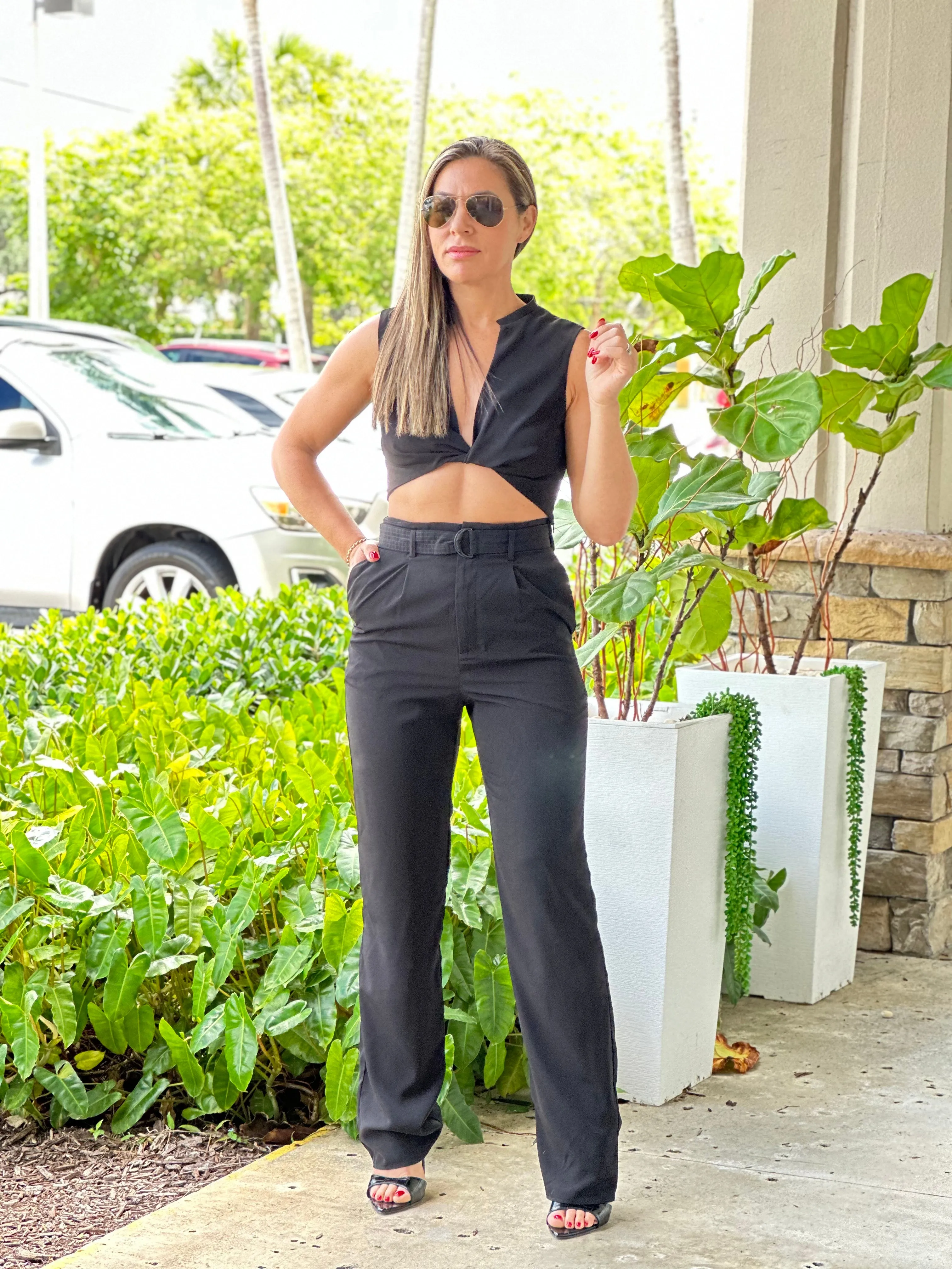 "Luna" Woven Twisted Crop Top And High Waisted Pants Set