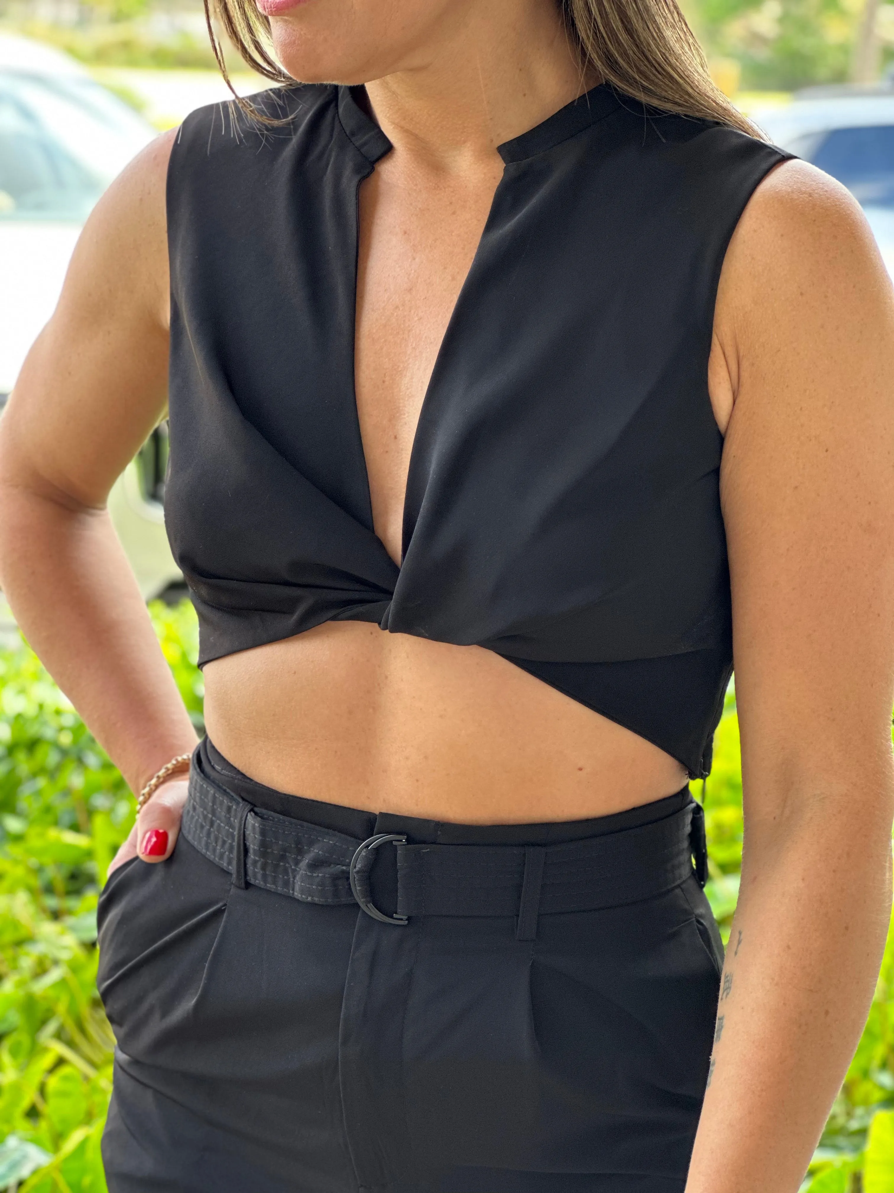 "Luna" Woven Twisted Crop Top And High Waisted Pants Set