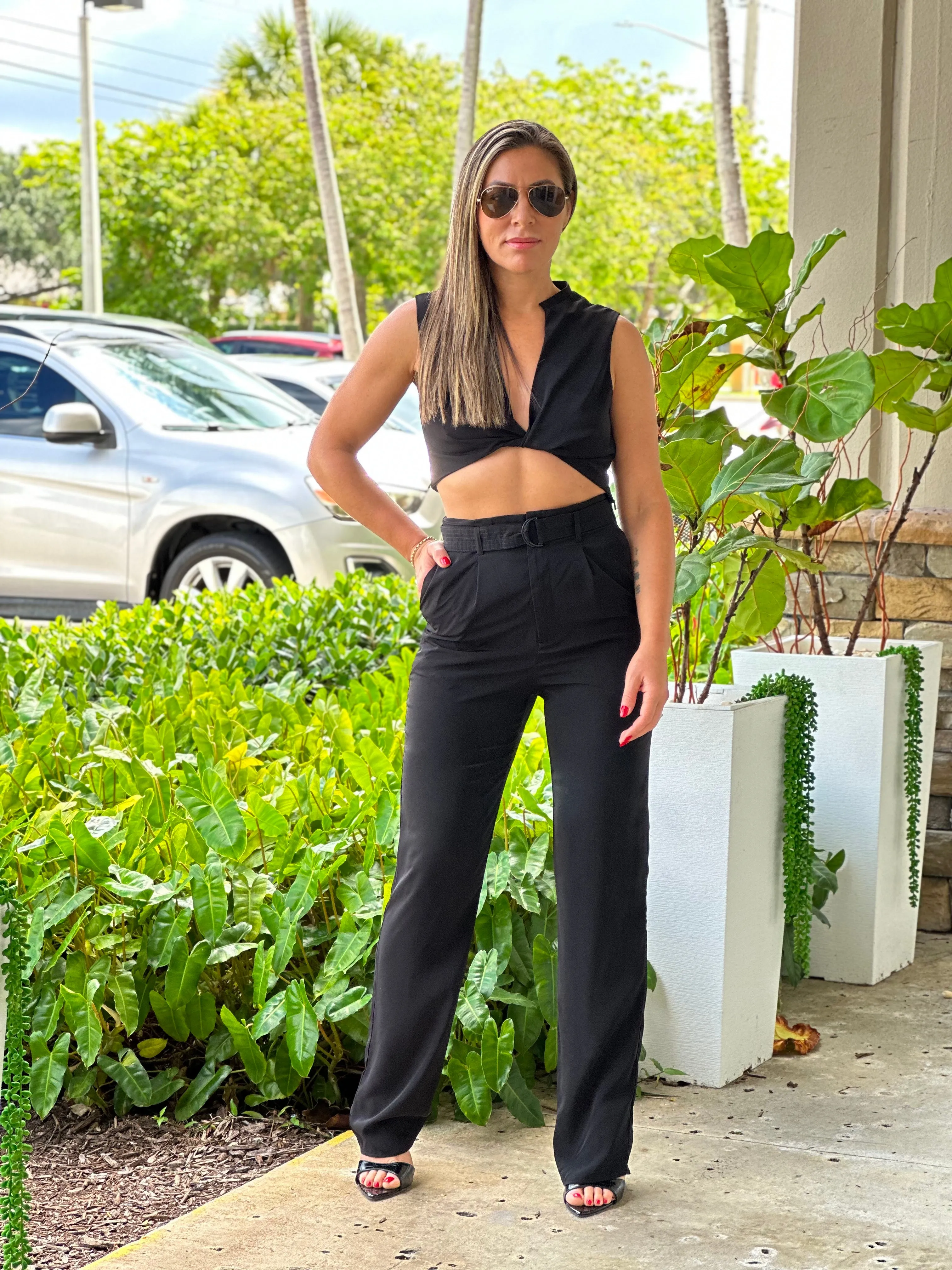 "Luna" Woven Twisted Crop Top And High Waisted Pants Set
