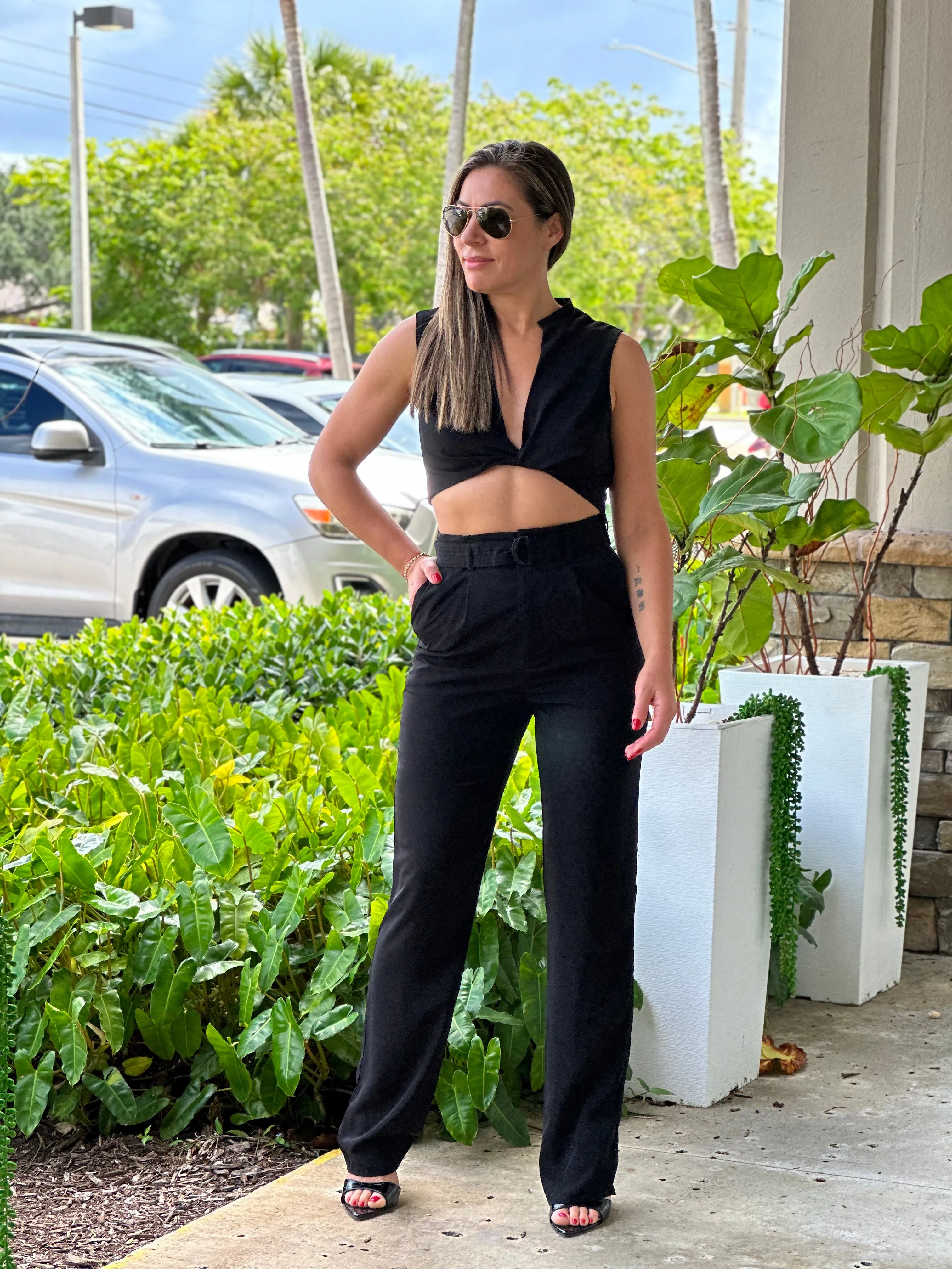 "Luna" Woven Twisted Crop Top And High Waisted Pants Set