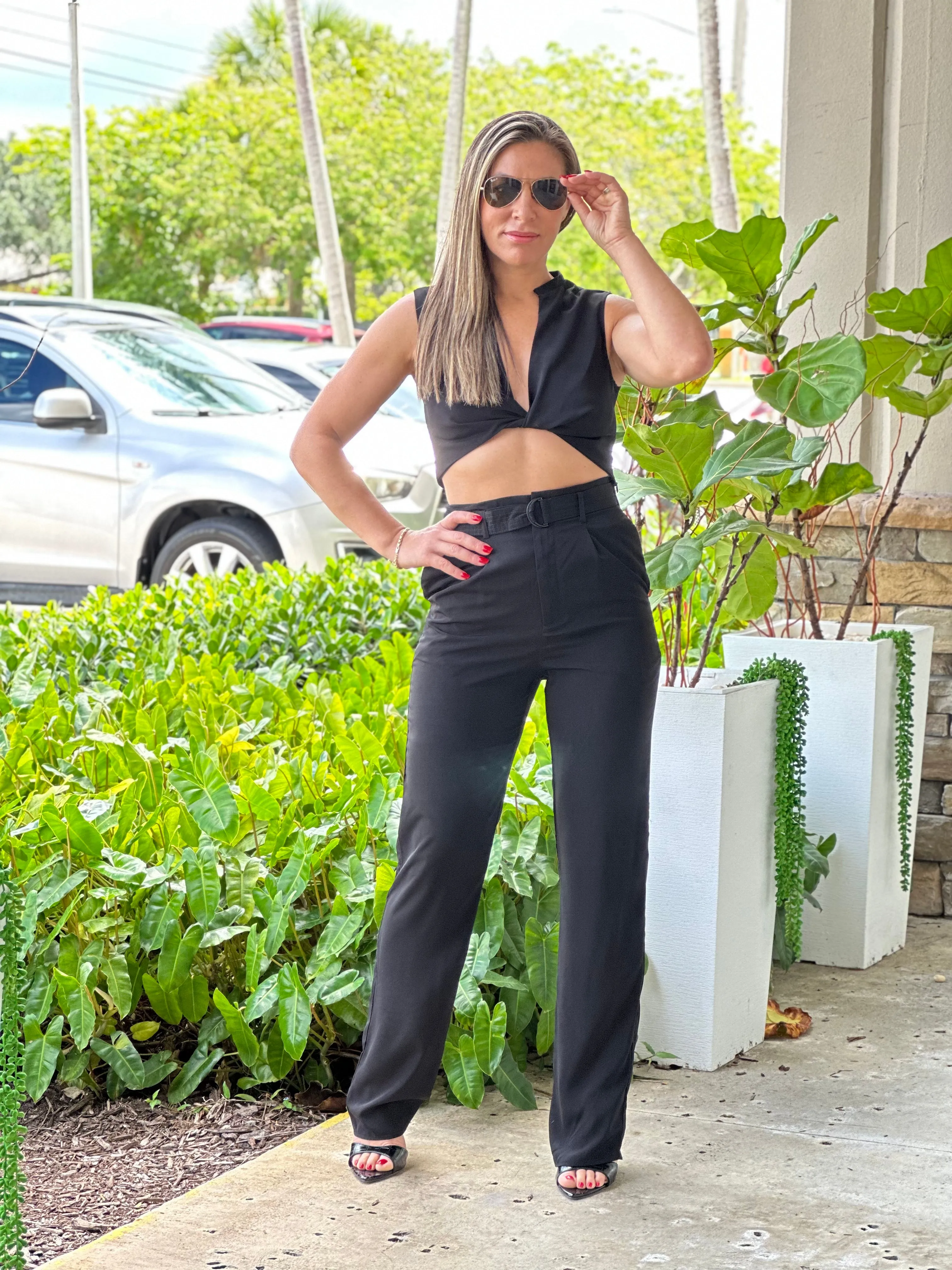"Luna" Woven Twisted Crop Top And High Waisted Pants Set