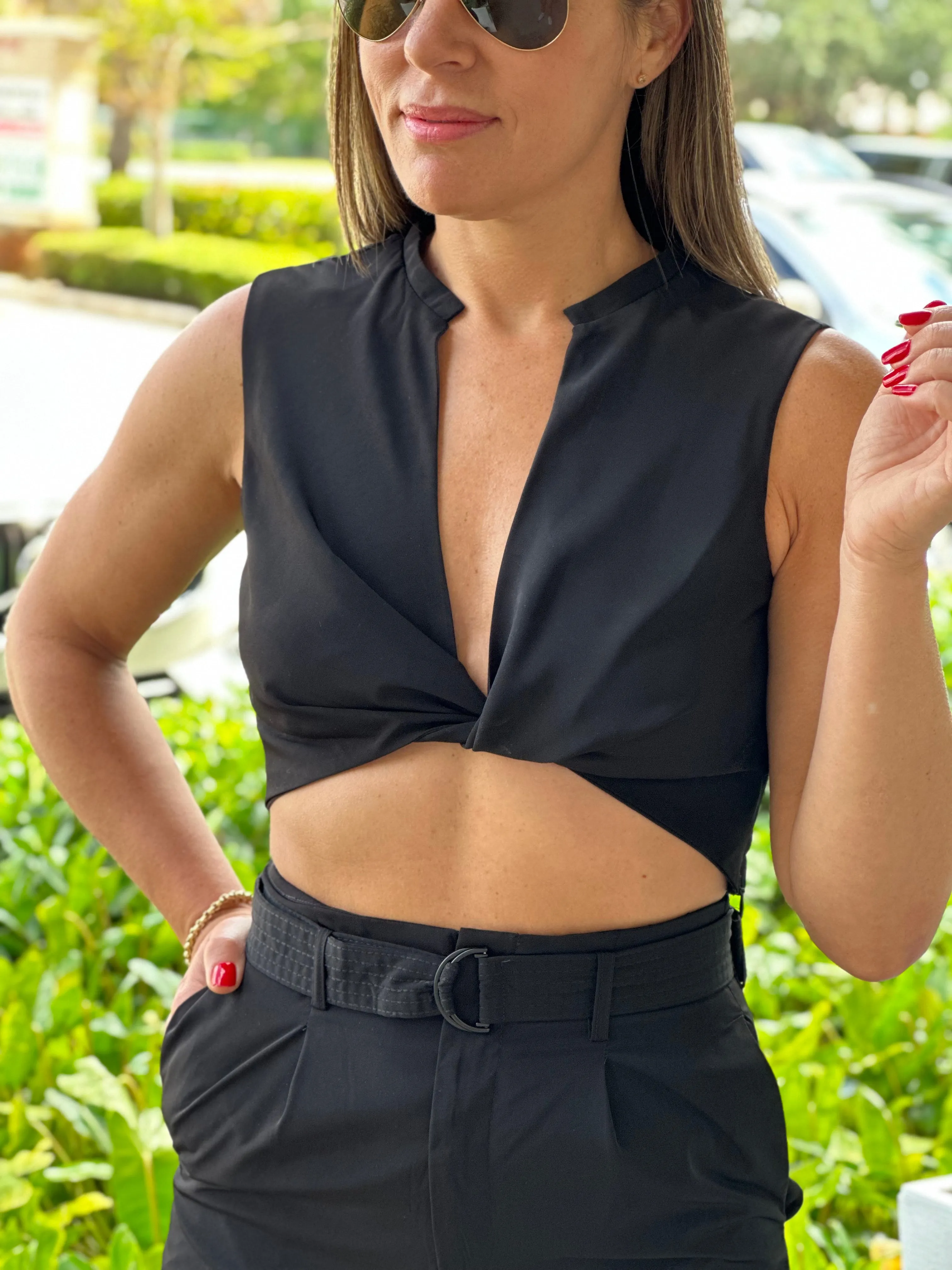 "Luna" Woven Twisted Crop Top And High Waisted Pants Set