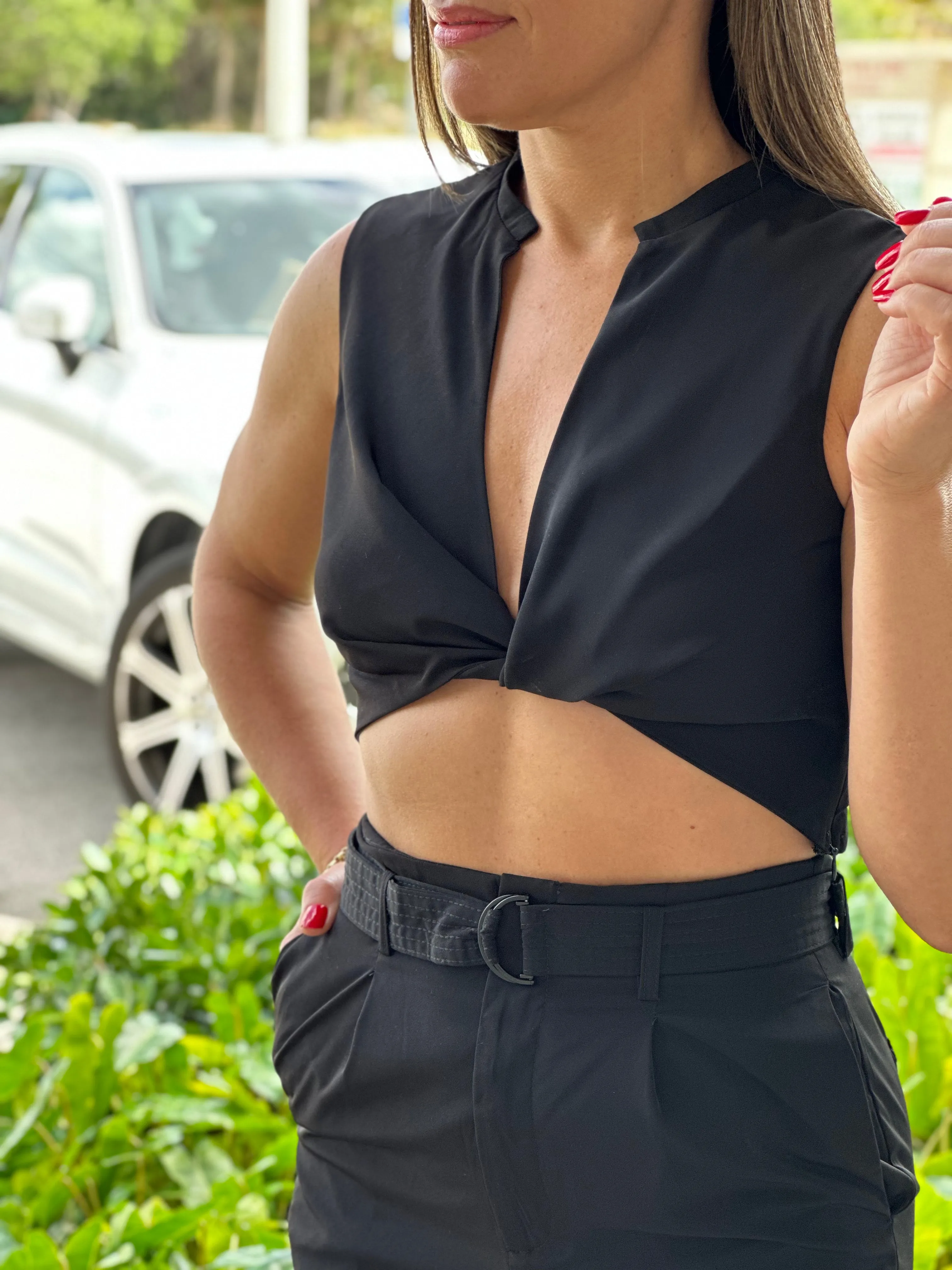 "Luna" Woven Twisted Crop Top And High Waisted Pants Set