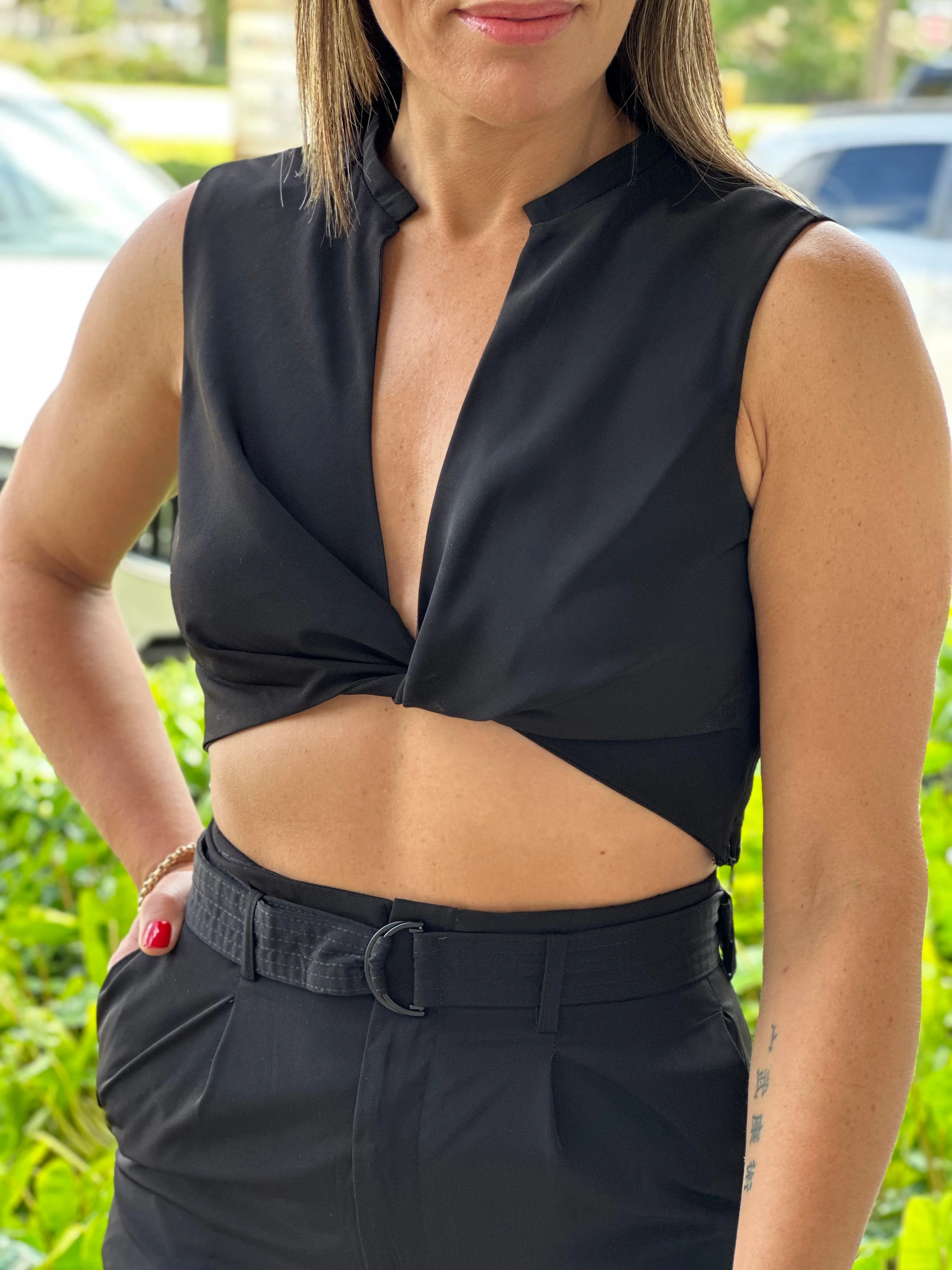 "Luna" Woven Twisted Crop Top And High Waisted Pants Set