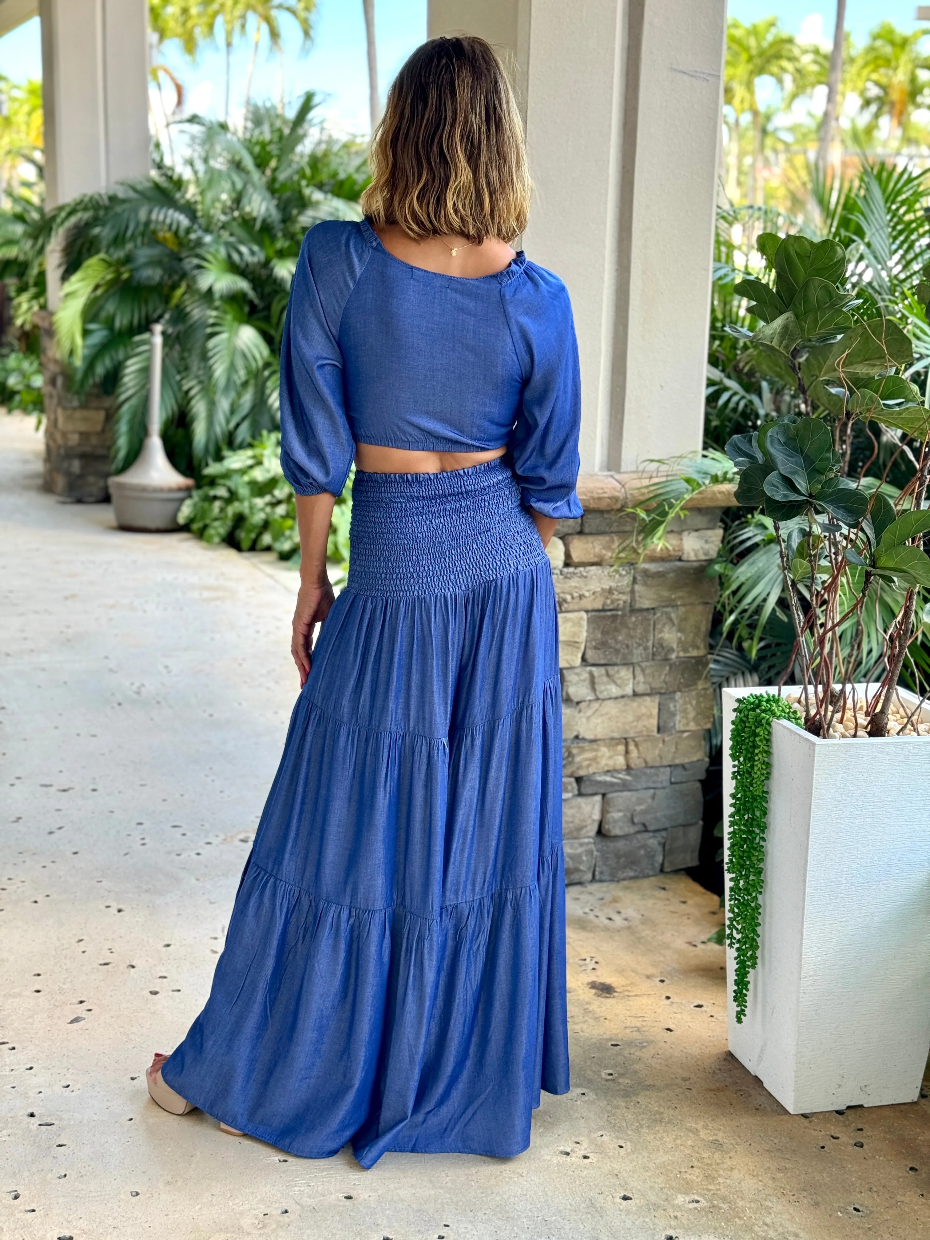 "Yve" Denim Crop Top And Wide Leg High Waisted Pants Set