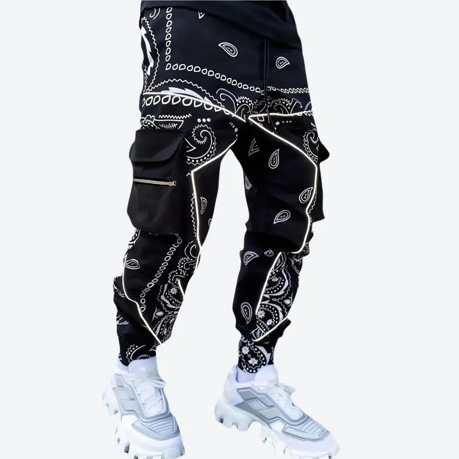 Reflective Bandana Print Cargo Jogger Pants