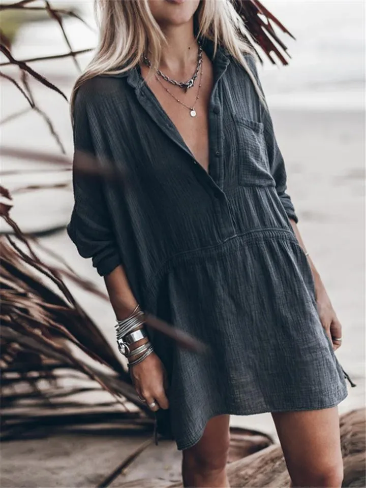 Relaxed Fit Chest Pocket Button Up Lapel Collar Mini Shirt Dress