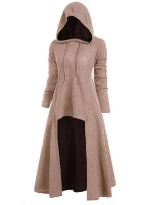 Relaxed Fit Drawstring Hooded Stretchy High Low Pullover Cloak Dress