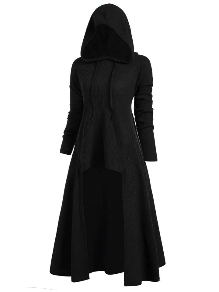 Relaxed Fit Drawstring Hooded Stretchy High Low Pullover Cloak Dress