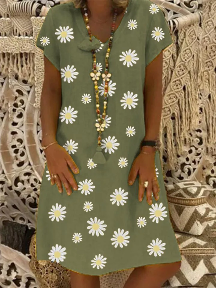 Relaxed Fit V Neck Daisy Pattern Short Sleeve Cotton Linen Midi Dress