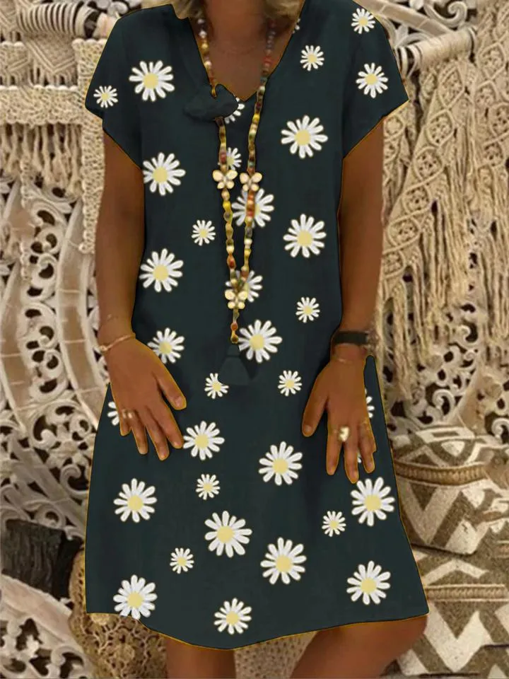 Relaxed Fit V Neck Daisy Pattern Short Sleeve Cotton Linen Midi Dress