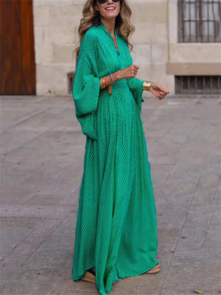 Retro V Neck Wide Sleeve Waisted Long Dress for Lady