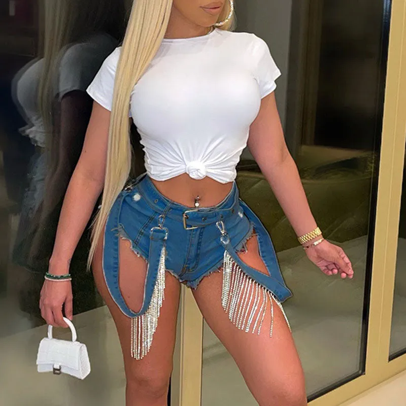 Rhinestone Tassel Design Denim Shorts