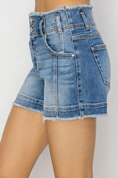 RISEN High Rise Seam Detailed Raw Edge Denim Shorts ONLINE EXCLUSIVE