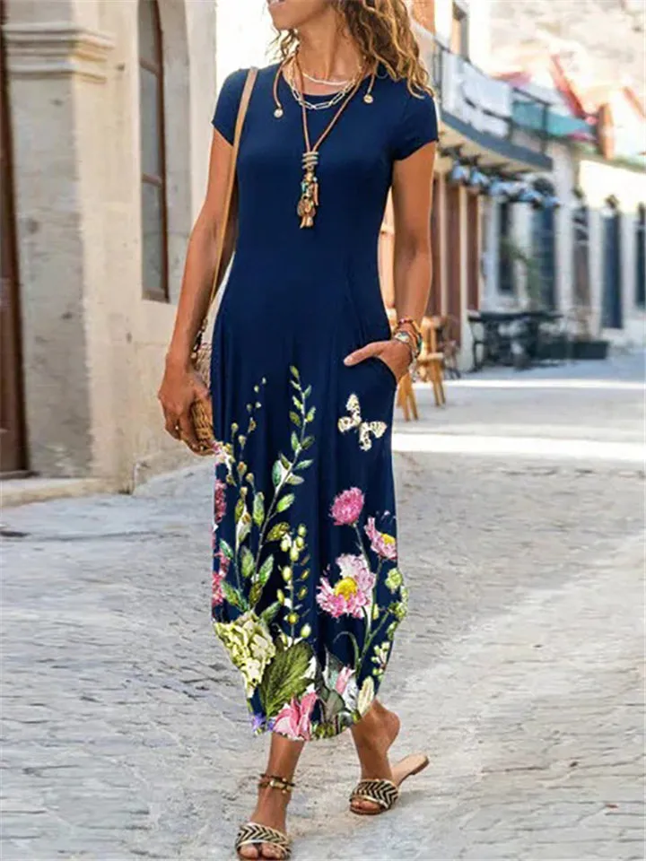 Round Neck Short Sleeve Pocket Floral All-Over Print Curved Hem Dress