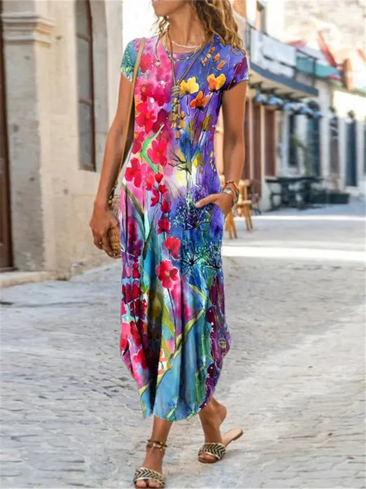 Round Neck Short Sleeve Pocket Floral All-Over Print Curved Hem Dress