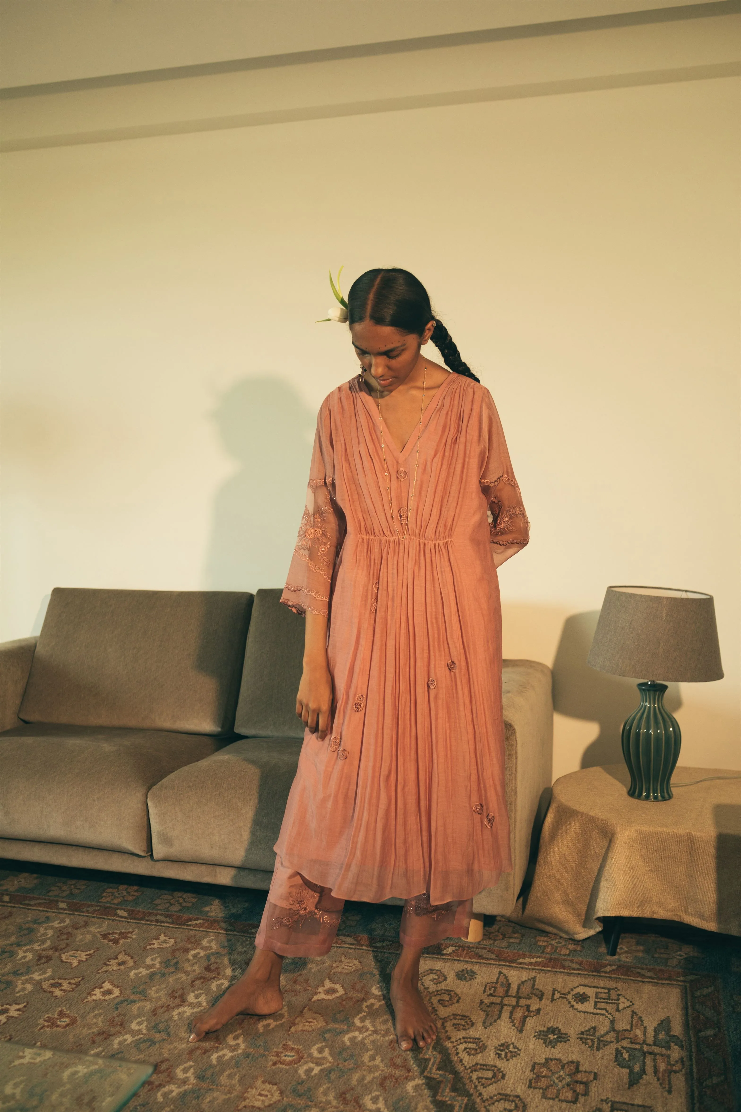 Sarang Kaur Distillery District Salmon Kaftaan Set Kurta Chanderi silk Pants Cotton silk Ektaar SK01299