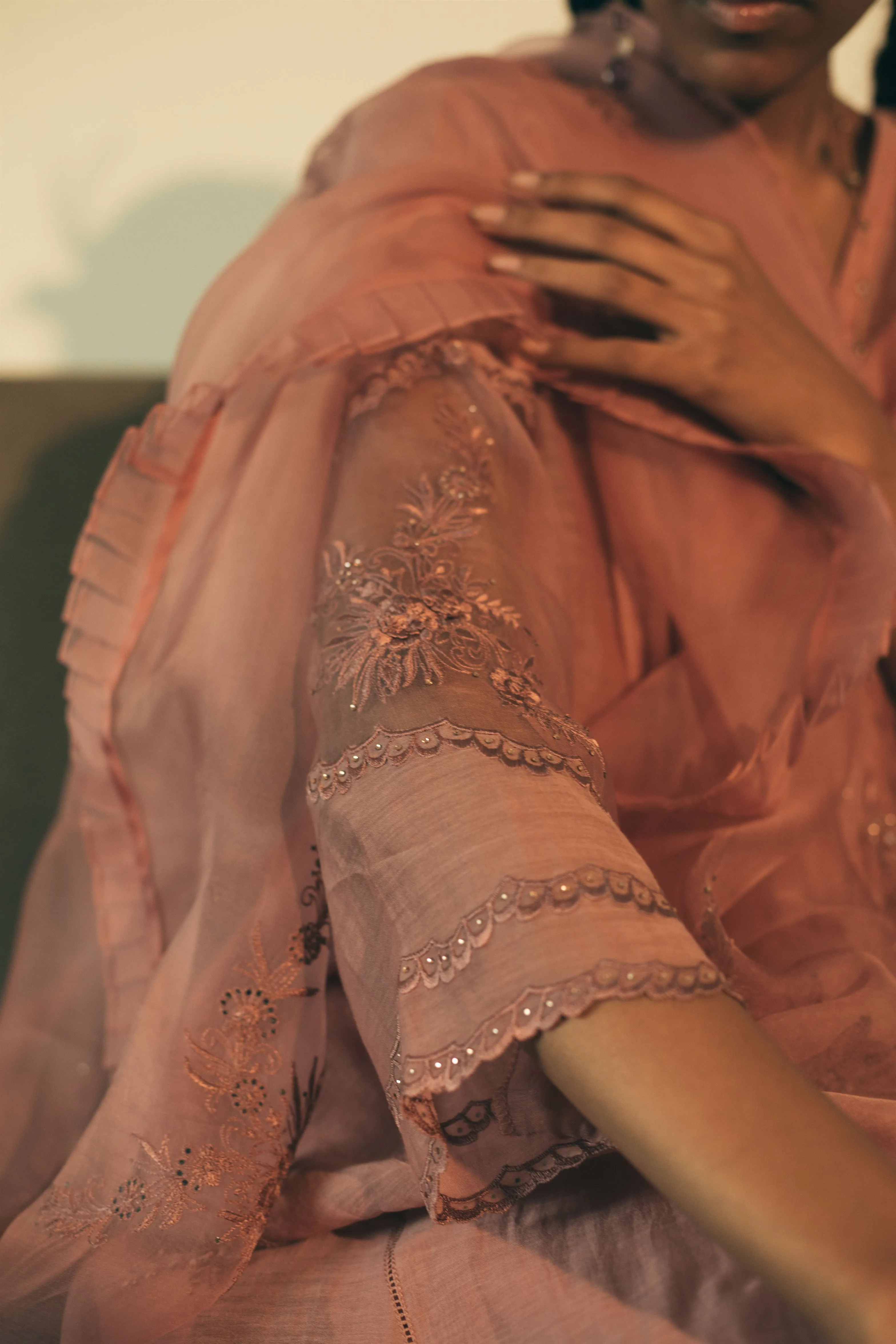 Sarang Kaur Distillery District Salmon Kaftaan Set Kurta Chanderi silk Pants Cotton silk Ektaar SK01299