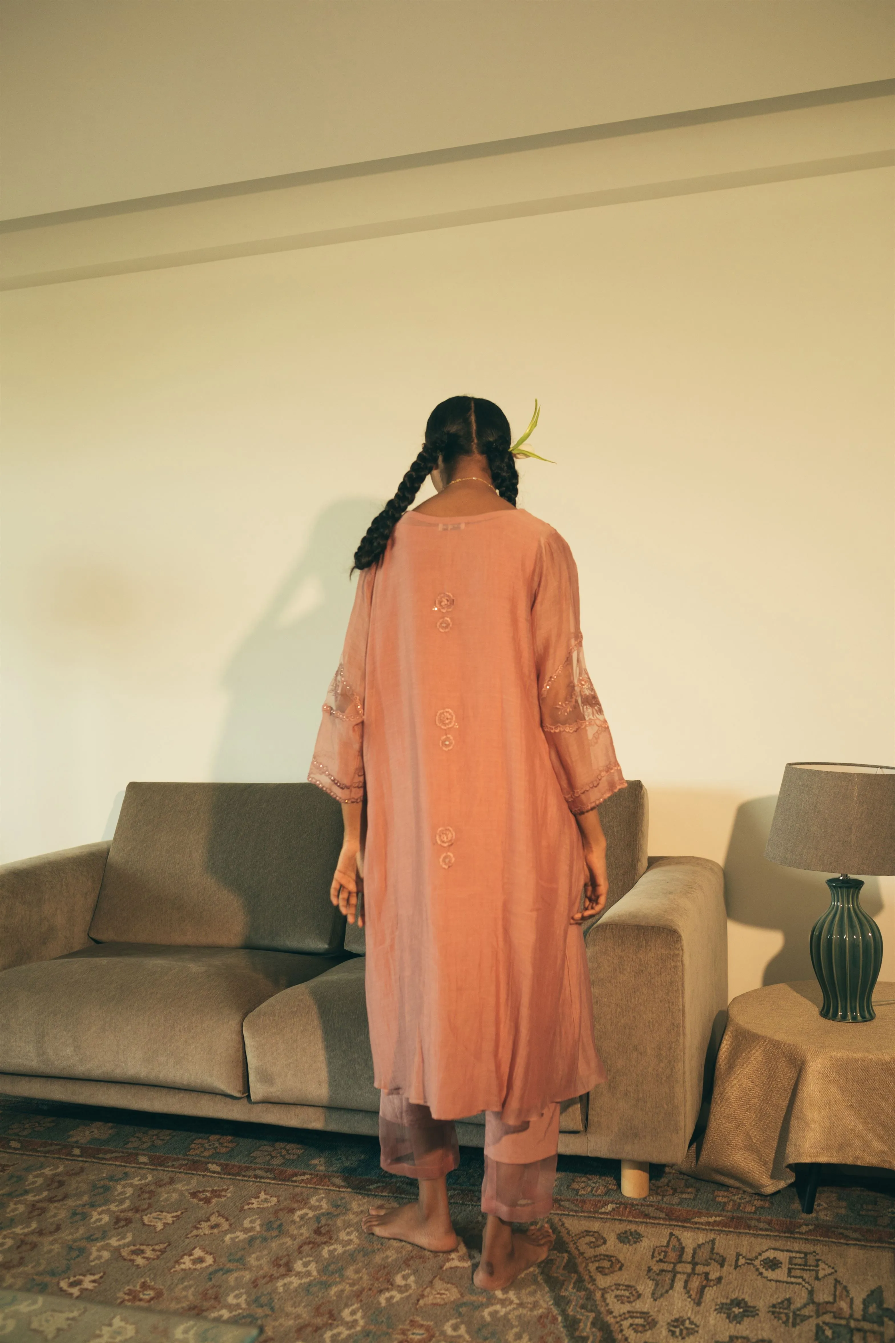 Sarang Kaur Distillery District Salmon Kaftaan Set Kurta Chanderi silk Pants Cotton silk Ektaar SK01299