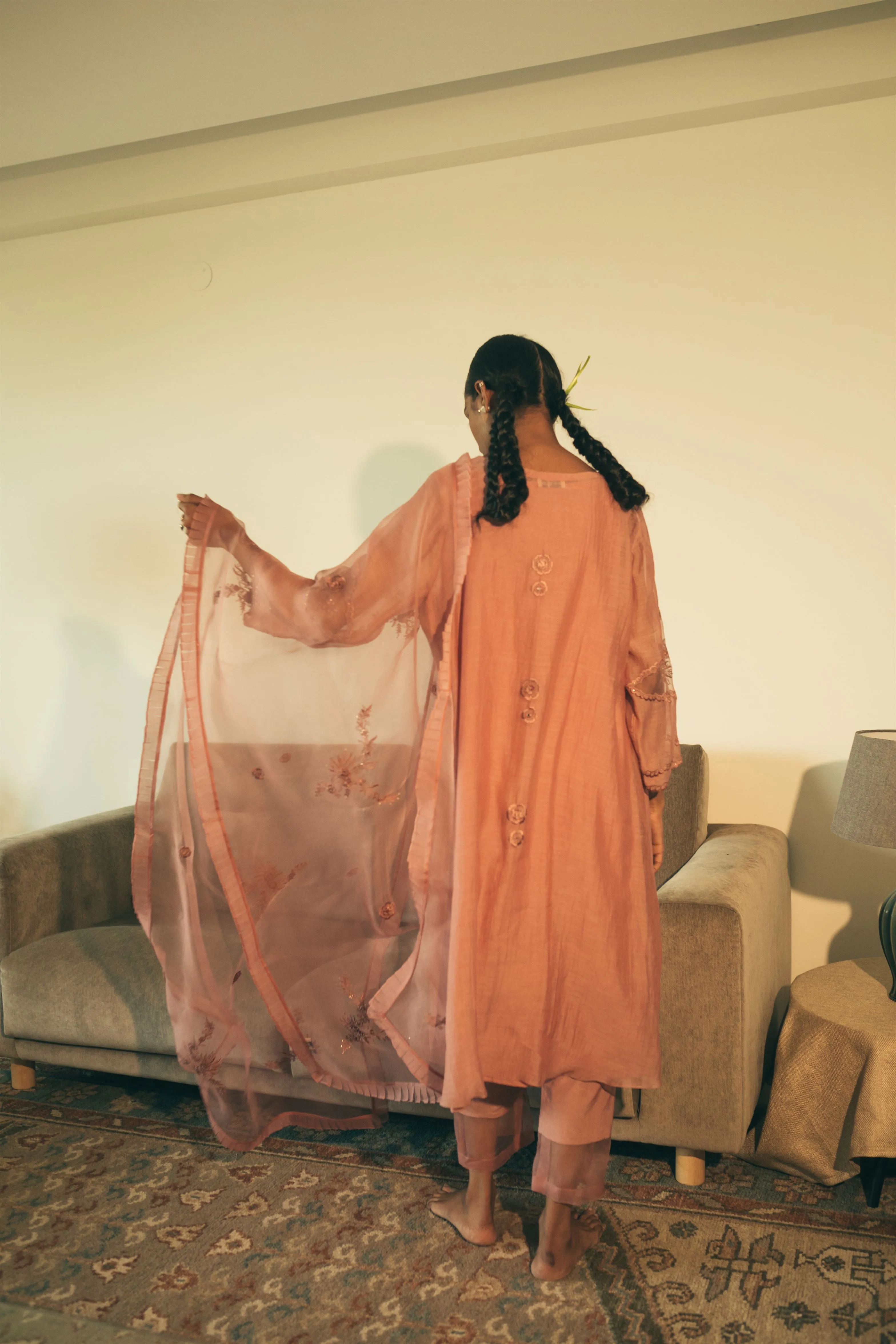 Sarang Kaur Distillery District Salmon Kaftaan Set Kurta Chanderi silk Pants Cotton silk Ektaar SK01299