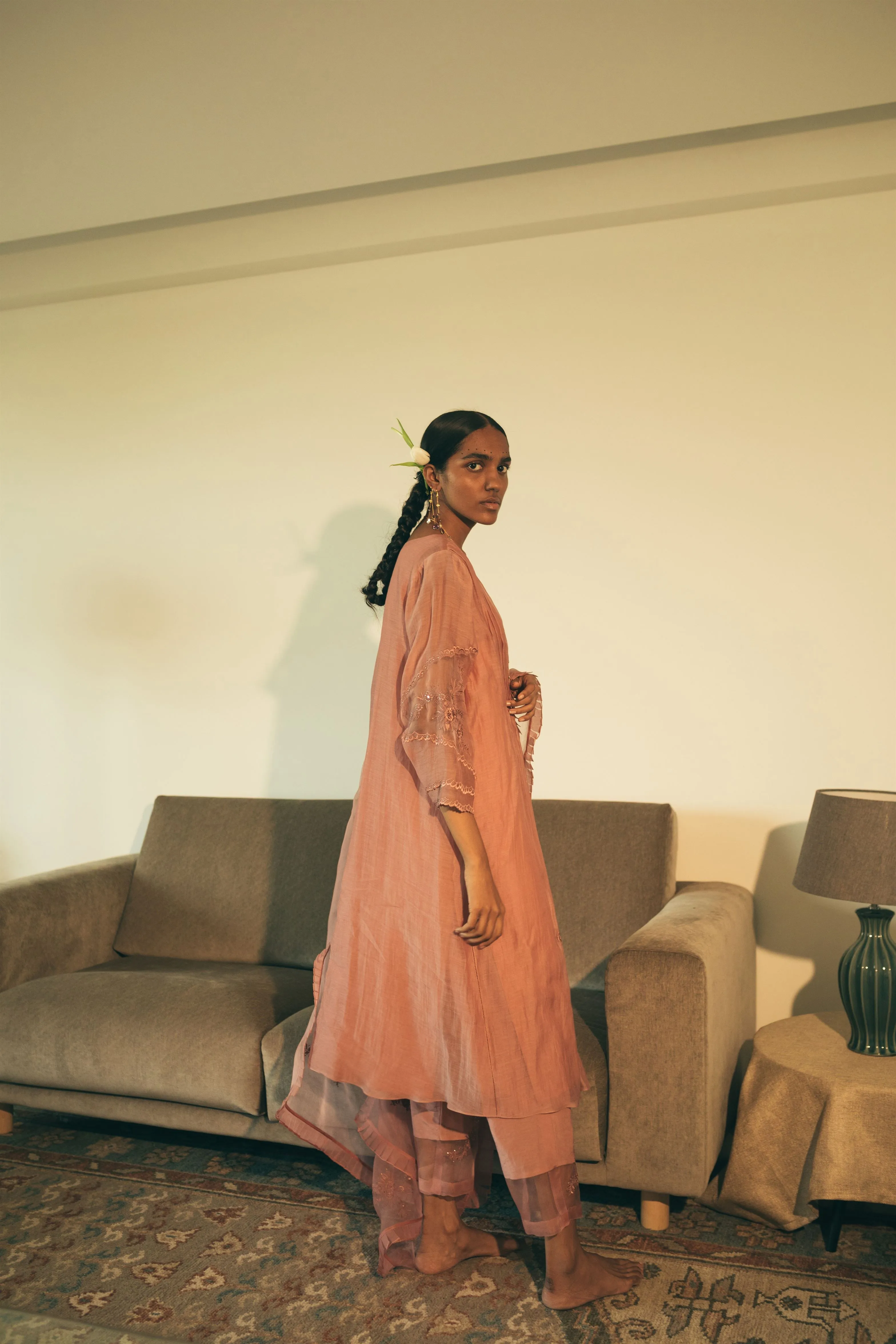 Sarang Kaur Distillery District Salmon Kaftaan Set Kurta Chanderi silk Pants Cotton silk Ektaar SK01299