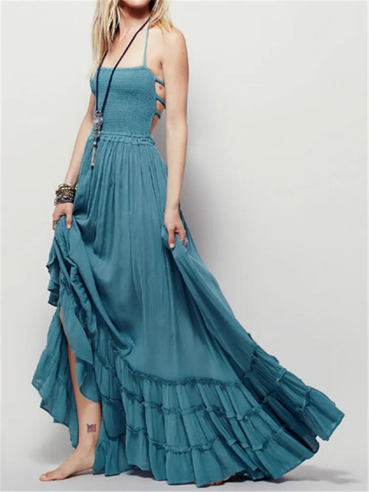Sexy Backless Sleeveless Solid Color Long Beach Dress