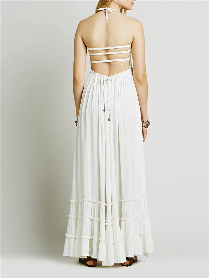 Sexy Backless Sleeveless Solid Color Long Beach Dress