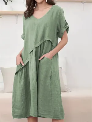Simple Relaxed Plain V-neck Midi Dress for Women