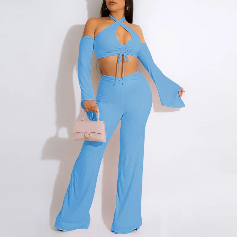 Solid Cold Shoulder Cut Out Crop Top & Wide Leg Pants Set