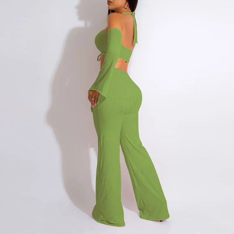 Solid Cold Shoulder Cut Out Crop Top & Wide Leg Pants Set