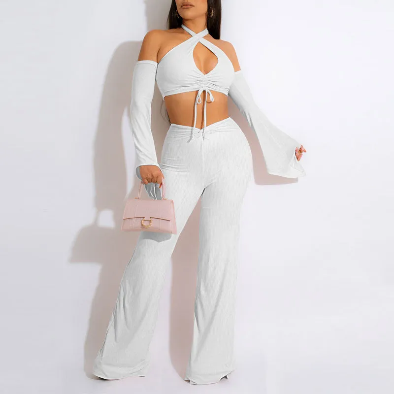 Solid Cold Shoulder Cut Out Crop Top & Wide Leg Pants Set