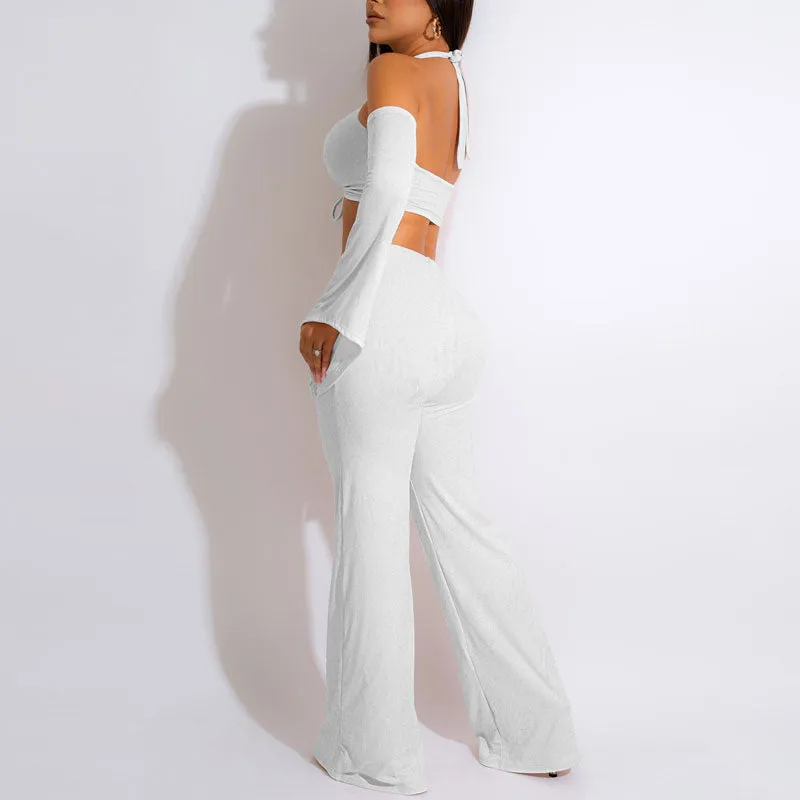 Solid Cold Shoulder Cut Out Crop Top & Wide Leg Pants Set