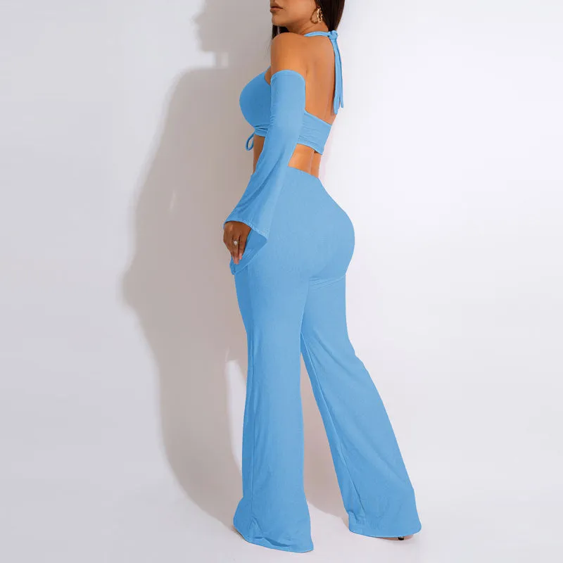 Solid Cold Shoulder Cut Out Crop Top & Wide Leg Pants Set