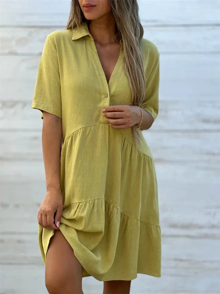 Solid Color Lapel Beach Tiered Dresses for Ladies