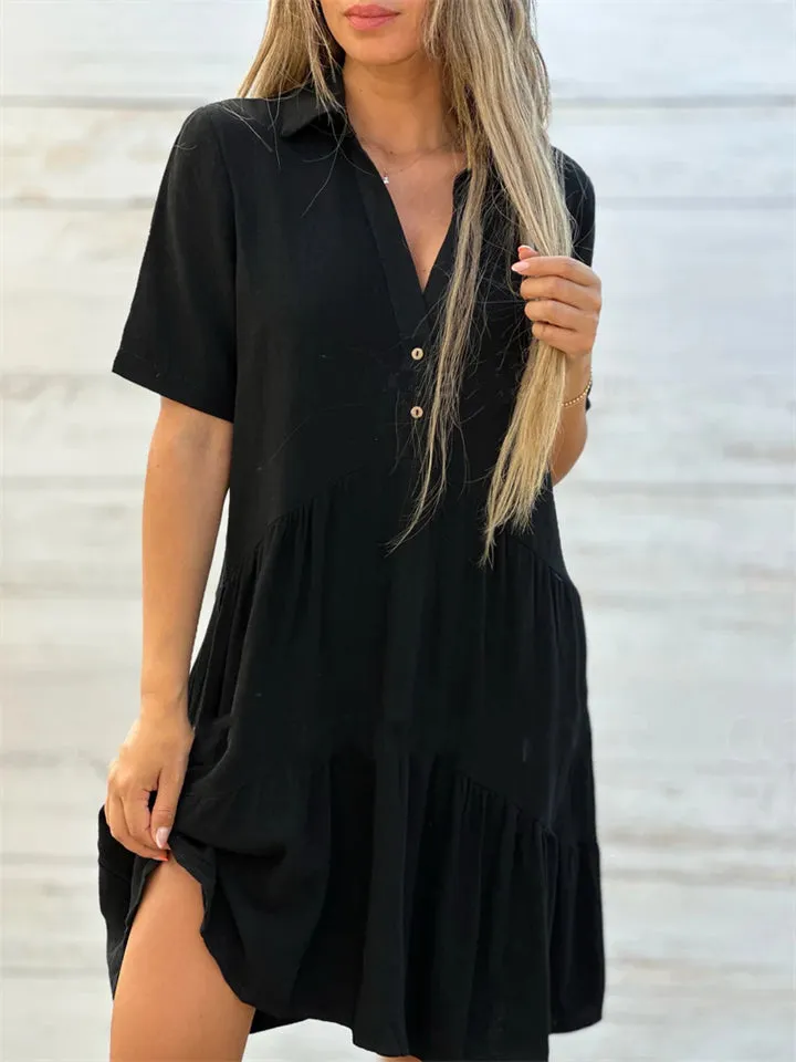Solid Color Lapel Beach Tiered Dresses for Ladies