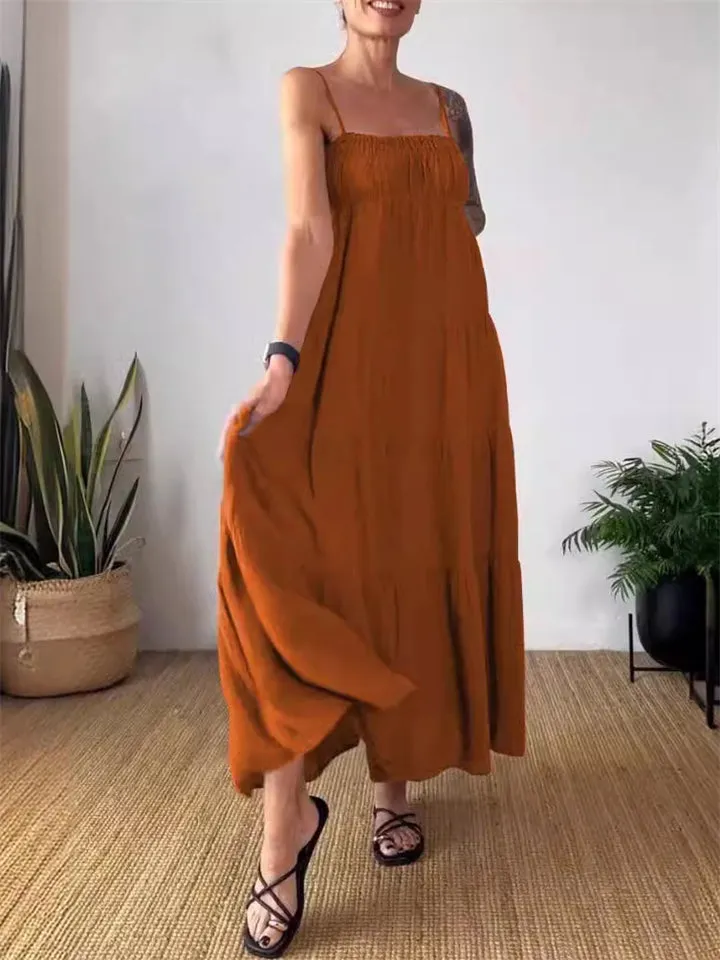 Solid Color Tiered Pleated Spaghetti Strap Dress for Ladies