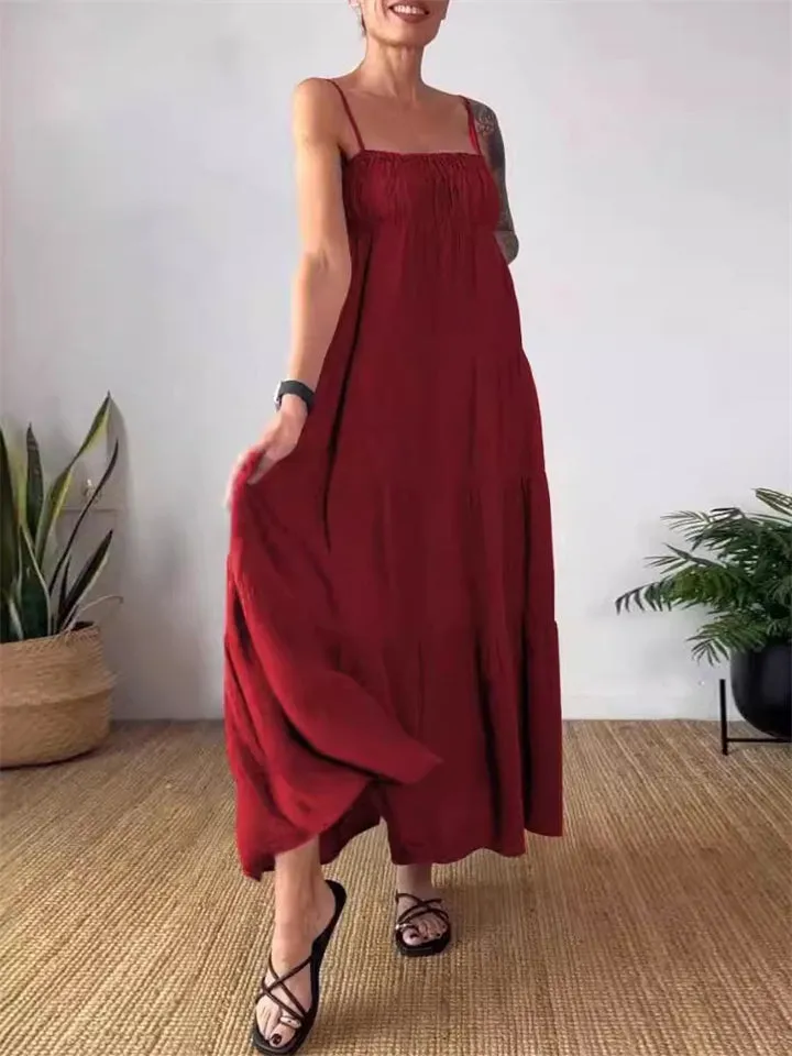 Solid Color Tiered Pleated Spaghetti Strap Dress for Ladies