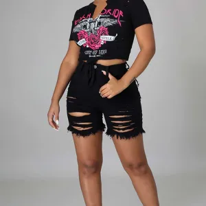 Solid High Waist Cut Out Denim Shorts