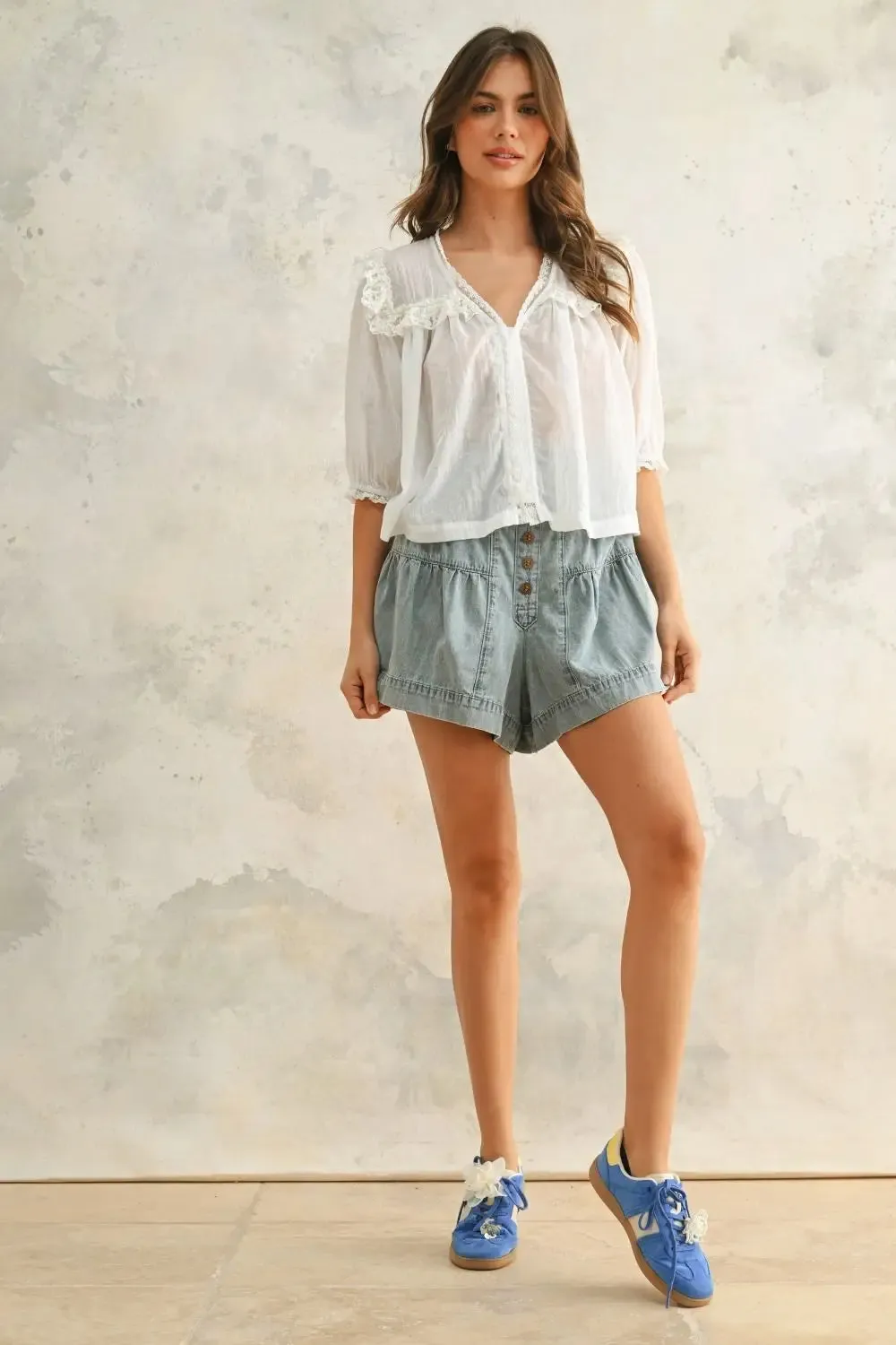 TIERED BUTTON DOWN DENIM SHORTS
