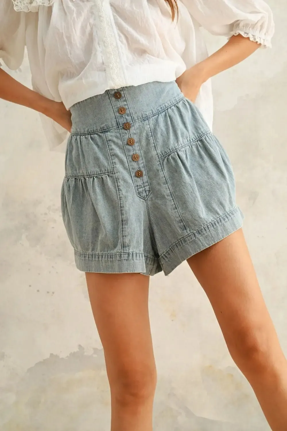 TIERED BUTTON DOWN DENIM SHORTS