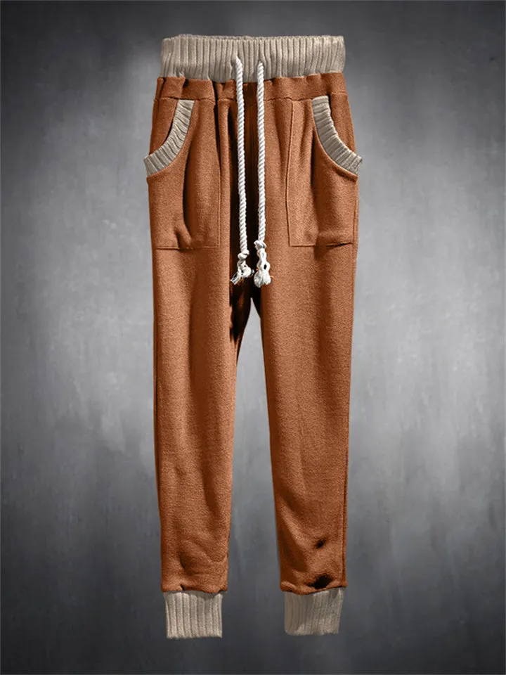 Trendy Contrast Color Drawstring Knitted Casual Pants for Men