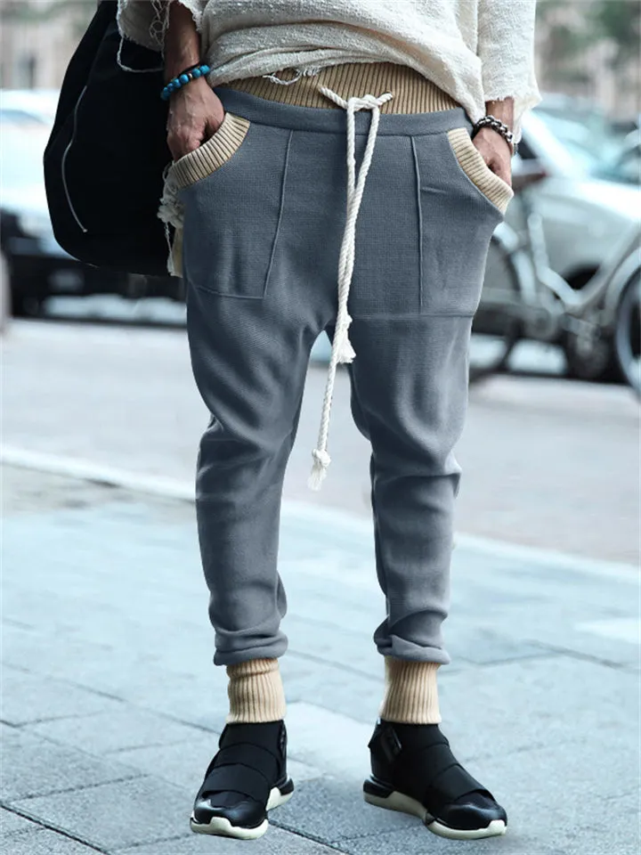 Trendy Contrast Color Drawstring Knitted Casual Pants for Men