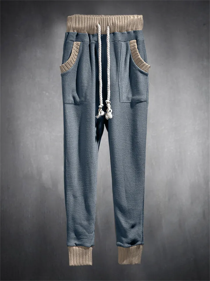 Trendy Contrast Color Drawstring Knitted Casual Pants for Men