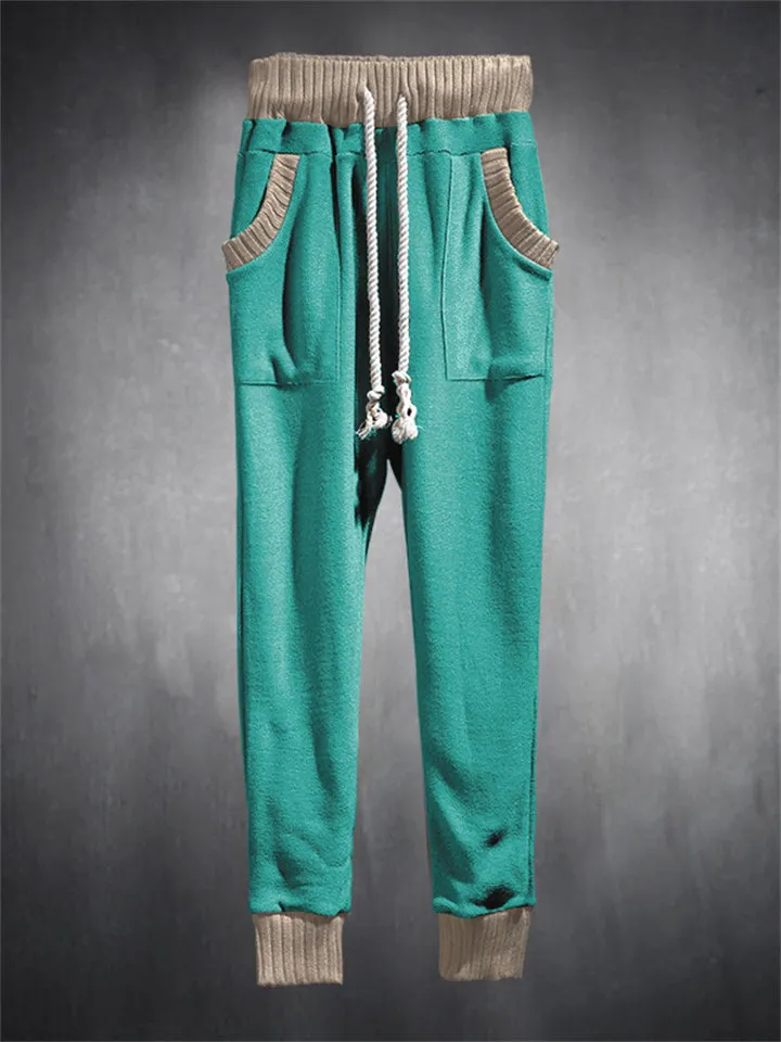 Trendy Contrast Color Drawstring Knitted Casual Pants for Men