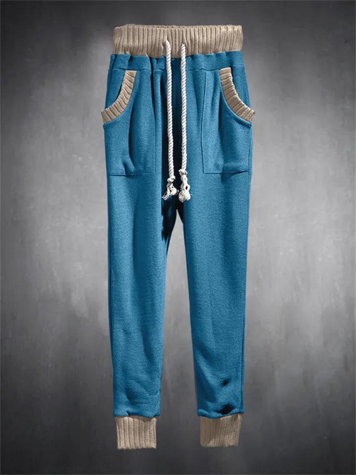 Trendy Contrast Color Drawstring Knitted Casual Pants for Men