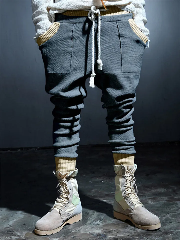 Trendy Contrast Color Drawstring Knitted Casual Pants for Men